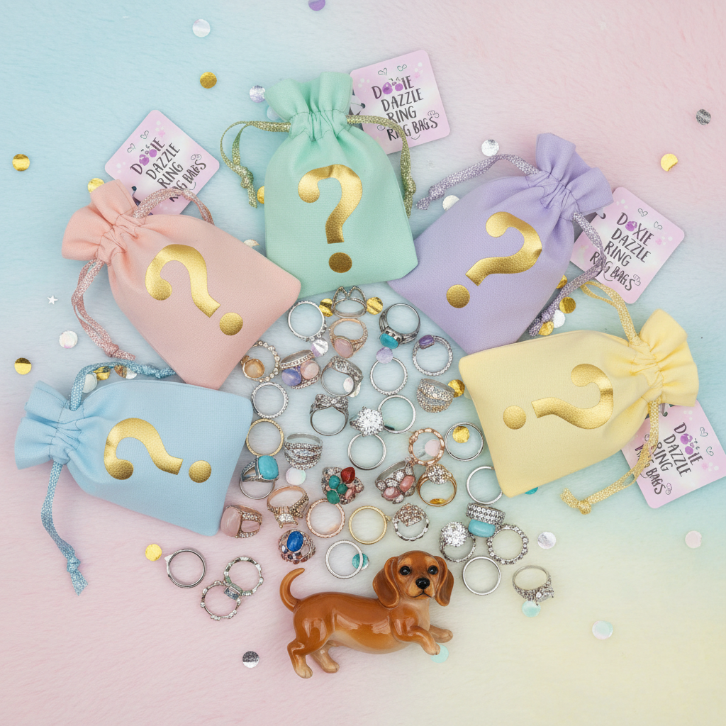 Doxie Dazzle Ring Bags mystery bags with sparkly fashion rings and a resin weenie dog surprise