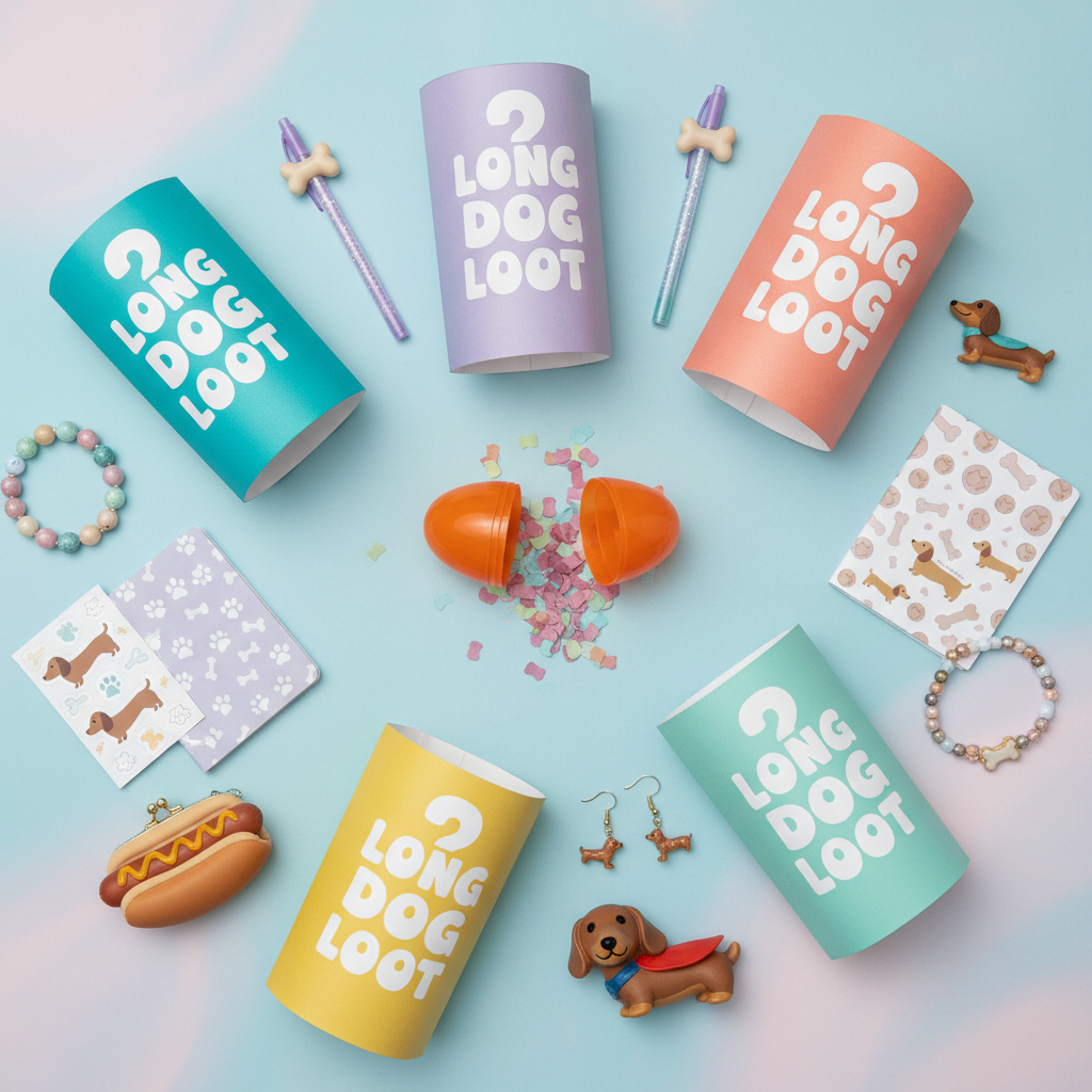 Long Dog Loot mystery blind bags with assorted goodies and a resin weenie dog surprise