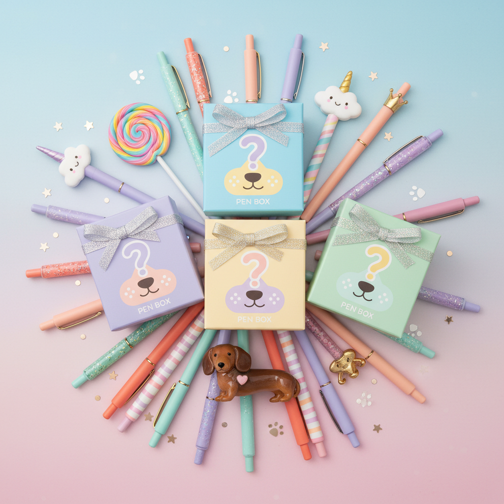 Snoot Boop Pen Box mystery box with colorful assorted pens and a resin weenie dog