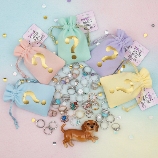 Doxie Dazzle Ring Bags mystery bags with sparkly fashion rings and a resin weenie dog surprise