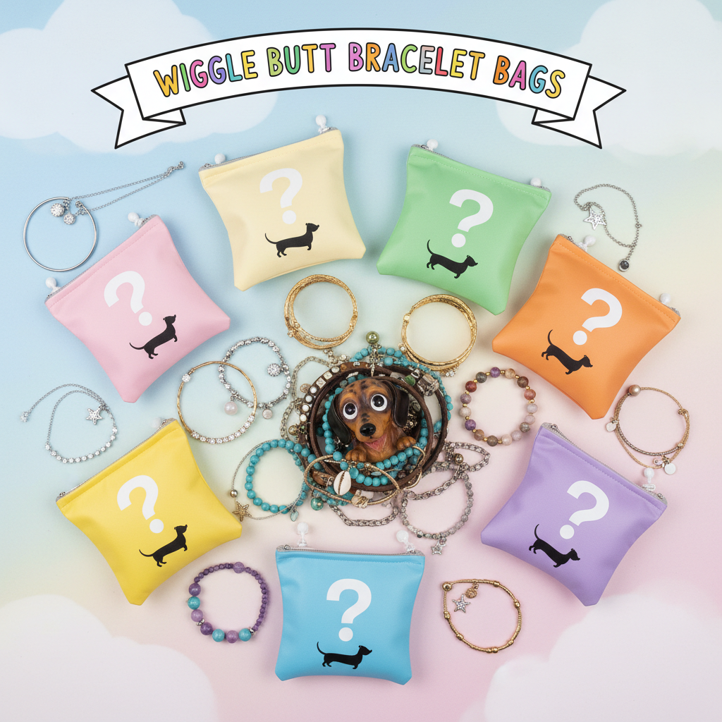 Wiggle Butt Bracelet Bags mystery snap pouches with assorted fashion bracelets and a resin weenie dog surprise